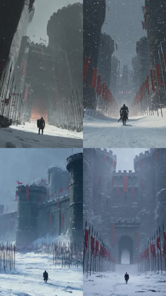 一座城池，城墙绵长坚固，在风雪中若隐若现。 一个孤独的步兵从雪野上毅然决然向城门正面冲锋。铁甲反射寒光。城墙上长矛如林，数不清的旌旗在风雪中剧烈翻卷舞动。 以超广角仰视全景图展现步兵的渺小和城池城墙的高大。 色彩以黑、白、灰、暗红为主，电影级光影，史诗感，8k，渲染引擎。