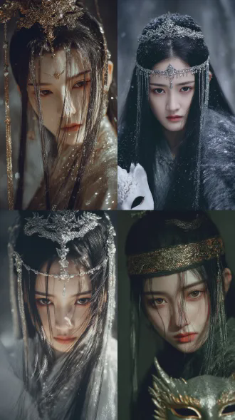 胶片风，真人感，正脸，奇幻森林背景，古风美女，妖纹，笔触，线条清晰，明暗对比，超高清，垂坠感，高级感，最高画质，超长发，精美抹额，发丝蓬松，邪魅，狭长的双眼，极致妖孽的容貌，极致清冷感，长睫毛，精美繁复华丽装饰，龙纹，精美配饰，绝美眼睛，阴森，细节五官。丰富细节，朦胧感，微距镜头，面部阴影，面部聚焦，丰富的细节，凌乱发丝拂面，高质量，写实逼真，亮晶晶，艳丽的油画质感，细腻肌理，仰拍视角，看向镜头，手拿面具，闪亮丝线飘逸，二次元