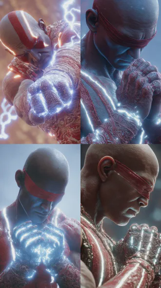 光头武神，红色绑带遮挡眼睛，神灵纳米核心科技战斗服光带环绕，光粒子弥散，巨大复杂华丽花纹的机械构造外骨骼装甲荧光蓝魔神拳套表面跳动白色细微雷光，强调人物轮廓光，pbr材质肌肤，真人写真，低位仰拍，压迫感，强大气场，强大透明气流涌动，朦胧光，ue5渲染，身后是由无数机械零件构建的黑色巨龙背景，半身照，人物特写，