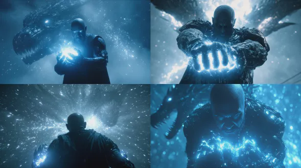 在赛博荒原的尽头，盲眼武神身披纳米核心战甲，静立于由废弃零件汇聚而成的黑色巨龙前。随着他握紧跳动雷光的荧光蓝魔神拳套，周身气流剧烈涌动，光粒子如星尘般弥散。短片通过极具压迫感的低位仰拍，展现这位光头武神以肉身机械之躯，正面硬刚机械巨龙的巅峰瞬间，呈现一场极致华丽的视觉暴力美学