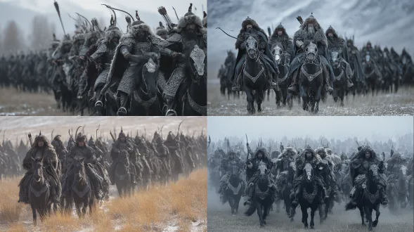 暗黑风格的草原铁骑军团，排着密集的方阵，万马奔腾，疾风般冲锋，他们头戴皮毛帏帽，身穿皮甲，整体散发着一种冷峻而威严肃杀的气息。腰间带着寒铁材质的弯刀，背着箭筒，骑着披着黑色铁甲马铠的战马，手持弓箭呈骑射姿态，在光影的映照下，金属部件反射出独特的光芒，千军万马。电影效果。真人实景拍摄。