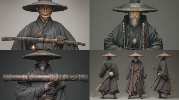 中国江湖剑客，正面照，身着宋朝暗灰色服饰，旧衣服，头戴斗笠，目光睥睨。脸部沧桑冷峻，腰间酒葫芦，双臂怀抱一长长的蟒蛇皮制刀鞘（看不到刀刃），刀鞘上有暗金色花纹，刀柄缠绕着棕色绳，证件照，背景随意，武侠风格，超清，特写，写实风格