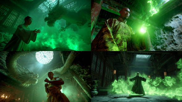 8k 超高清，电影级画面，玄门法师打出青龙拳，双拳青光暴涨，青龙虚影张牙裂爪，龙鳞细节清晰，龙息泛着水汽，道袍龙纹被青光点亮，破庙断墙背景，月光从顶洞照入，黑雾被龙爪撕碎，香灰在拳风里形成漩涡，光影对比强烈，动态张力十足，国风玄幻风格，16:9 竖屏。