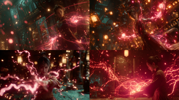 extremely high-detailed, 8k resolution, cinematic atmosphere, tsui hark and chen kaike's visual style), a young oriental female wizard performing a spell, (holding bronze coins with pulsating red light and glowing red threads wrapping the air:1.3). the scene explodes with golden spells, (rotating magic runes appearing in the air, electric arcs spark and purple lightning dancing together), hyper-realistic skin texture blurred background of a dark mysterious ancient room, intensive depth of field, chiaroso movie lighting, floating debris, cinematic particle effect, vibrant red and teal palette, dynamic shutter, action shot, masterpiece. style comic-manga (for game sense) / realism (for film).
