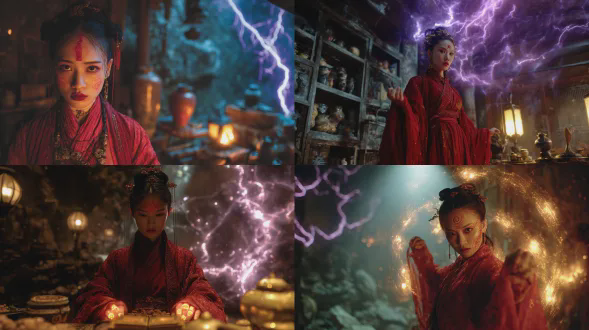 cinematic photography, hyper-realistic, 8k resolution, directed by tsui hark and chen kaige, oriental fantasy thriller. a stunning young eastern woman in an intricate crimson ancient hanfu dress, a red divine mark on her forehead, sharp and piercing eyes. she stands in the ruins of an antique chinese apothecary filled with wooden drawers and shattered porcelain vases. the girl makes a hand seal, surrounded by (swirling mist and soaring flames:1.2). in mid-air, (a magical array unfolds, flowing golden runes:1.3), illuminating a floating ancient leather-bound book. extreme wide-angle perspective, immense spatial depth. in the dark background, (purple lightning arcing and dark nether mist surging). strong contrast between warm yellow lantern light and icy blue magical glowing. epic visual impact, cinematic grain, tyndall effect, chiaroscuro lighting, masterpiece.