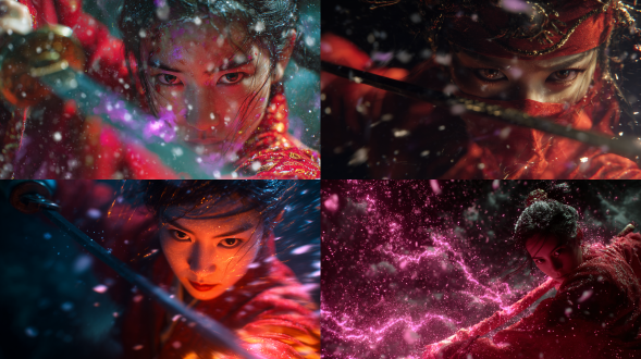 视觉风格 (prompt): (cinematic), (uitra-hd 8k), cinematic masterpiece stylized by tsui hark. 16:9 aspect ratio. 核心动作指令: a masked priest-heroine in floating red silk traditional chinese armor dancing in a snowy tang dynasty courtyard. close -up eyes focus with supernatural amber glint. 法术视觉爆发: swirling dense dark mystical mist (黑雾) intertwined with erupting neon purple lightning arking across screen (紫电). golden holographic sutra characters spinning fast form a translucent protective shield (金色法阵/防御). heavy snowing environment with ultra-realistic skin texture. 快慢速与电影感: slow-motion action with high contrast chiaroscuro lighting, chen kaige aesthetic colors of crimson and obsidian. high dynamic range, particles of dust lighting up, depth of field 1.8. 打击与特效: impact shockwave exploding outward from his pole-arm, ice ground shattering into high-detail debris (击飞/震荡). volumetric aura steam around the fighter (云雾).