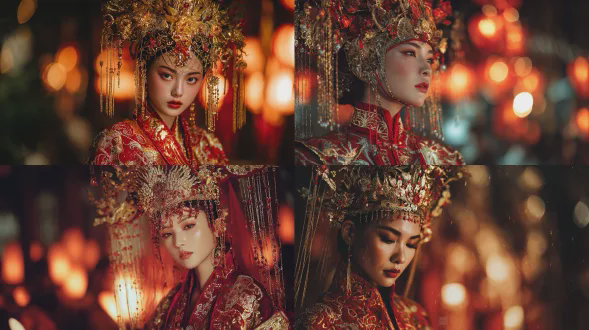 `a woman in traditional chinese wedding attire, red dress with exquisite gold embroidery & elaborate imperial patterns, wearing an extravagant golden phoenix - themed crown (intricate carvings, cascading tassels, phoenix motifs), cinematic lighting with warm bokeh lights + dramatic light rays in background, hyperrealistic, ultra - detailed textures, chinese ancient style, national trend, film - like photorealistic quality, 8k, majestic ceremonial atmosphere, elegant pose`