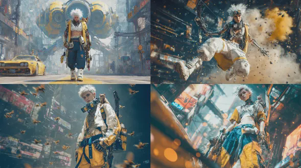 真人，真实质感。哥特风俊朗东方男机械师，半身像，20岁，白色凌乱长发，目光凶狠，机械脖套，白色机械胸甲和肩甲。肌肉，戴白色机械手套，身材修长，长腿。肮脏黄色背包，超宽大藏蓝色裤子，腰间挂满工具，白色长靴。烟火气，拿着大号十字弓弩，跳过一辆汽车，动作夸张，肩膀上有一只小猫。路边灯光点点，光影艺术，闪烁，低饱和度，光朦颗粒，高噪点，低曝光，强烈的复古胶片颗粒感，模糊，反光，折射，褪色，氛围感染力拉满，整体画面复古黑金色调，冷暖交织前景背景虚化，各色广告牌，赛博朋克垂直城市峡谷，多层高架磁悬浮轨道贯穿画面，空中一只繁琐结构超巨型机械昆虫，扑向男机械师。复眼透出暖黄色灯光，锈蚀的蓝绿白色金属外壳，展开翅膀，身边跟着无数小型飞行橙色机械昆虫。遮天蔽日。概念设计美学，前景有橙色小机械昆虫和蒸汽 。机械昆虫高速穿梭产生动态模糊。压迫感，霓虹广告牌与全息投影在雨雾中散射金色光。底层街道潮湿反光，密集车流尾灯拖曳光轨，工业雾霾笼罩远景，单点透视强化空间纵深感，低角度仰拍构图，暗调摄影配合体积光穿透云层， 。高噪点和胶片颗粒质感增强了画面的质感，超精细cg。真实的皮肤质感，复古科幻电影，精密的机械设计细节丰富，超多细节，高画质，电影质感，景深，侧逆光，高对比度。超广角仰拍。