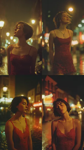 ``` cinematic film still of a young woman with short hair in red lace dress, wearing a delicate necklace, windblown hair, closed eyes, standing on a wet night urban street with retro buildings and neon lights, street lamps casting warm glow, moody atmospheric lighting, 90s movie vibe, shallow depth of field, realistic textures, emotional expression, film grain, night cityscape background ```