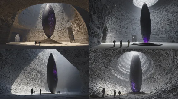 超现实主义摄影，一个巨大的外星建筑内，建筑内壁上有复杂的神秘浮雕和纹样，浮雕和纹样讲述着外星文明的历史兴衰。一艘20米长的黑色狭长椭圆形飞船竖着悬浮在中间的多层基座上，飞船上刻满浮雕有紫色发光纹路，飞船表面非常光滑，由神秘材质制作。三个穿太空服的渺小人类在仰望飞船。事物比例大小正确。 渲染，空间感，透视感，电影，光影对比。细节丰富，oc渲染，右下角有渐变色：wieland pioneer 2090li，高清，中景全景鸟瞰视觉效果，展示，未来感，炫酷，多变，夸张造形，细节丰富，oc渲染，大师级构图，精工精密机械审美设计，未来感奢华高定风格暗黑光影通透效果，电影级影视风格效果，3d，商业级摄影，古风赛博科技风格，科技元素，电影级光影构图，场景构图，宏伟背景 ，极简主义，广角大景深全景镜头视觉效果