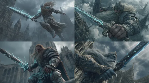 ``` a majestic norse warrior with long flowing beard and hair, wearing intricate silver - grey armor adorned with glowing cyan lightning bolts, dynamic flying pose, holding a massive ornate sword, detailed facial features, floating above a dark fantasy ruined cityscape with gothic and norse architectural ruins, misty clouds swirling, rays of light piercing through overcast sky, hyper - realistic, cinematic lighting, 8k resolution, ultra - detailed, dynamic motion blur, epic atmosphere, dark fantasy theme, photorealistic rendering, dramatic shadows, by greg rutkowski and wlop, trending on artstation ```