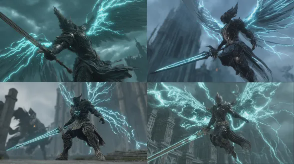 ``` a majestic warrior in elaborate black & silver armor with intricate filigree, glowing cyan lightning coursing through armor & surrounding body, large wing - like magical structures with lightning effects on back, flying dynamically above misty ruined ancient cityscape (gothic & ancient architectural ruins), standing on massive glowing sword as mount, faint outlines of giant monstrous creatures (dragons/lovecraftian beings) in background, dark epic fantasy atmosphere, cinematic cold cyan lightning glow, hyper - detailed, 8k, photorealistic, dynamic pose, dramatic mist/fog, dark fantasy style, norse mythology + lovecraftian horror inspiration, ultra - realistic textures, atmospheric depth ```