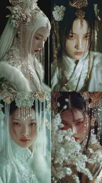 胶片摄影，镜头语言，淡彩，个性视角，美人，冷白皮，皮肤瓷白细腻有光泽，藕粉真丝面料，广袖羽衣，青铜发饰，发饰，两鬓有金色发饰，细节丰富，光线明暗交接，高对比度，高颜值，光，层次丰富，光的美学，lomo效果，高级感，杰作，随机古风背景cg插画，帅哥，厚涂，半身像，精致刻画，流畅的线条，神秘感，近距离，高清，8k，动态视角，禁欲系，皮草，复古装饰，银饰，金属额饰，碎发随风摆动，复古发饰，超长流苏，很多细碎辫子，人物pos特写，精致刻画，流畅的线条，神秘感，深邃感，极繁风格，发丝细腻富有光泽，近距离肖像画，狭长凤眼，绝美眼睛，瓷白如玉的肌肤，肌肤纹理，面部光影，笔触，线条清晰，高级感，清冷，五官精致，高级厚涂oc渲染，精致感，高质量，柔焦，细节刻画，超高清，32k，大师级光影，明暗对比，杰出。人物正面，人物写真，白色背景，航拍视角，厚涂，艺术氛围感加强，人物特写，动态视角，繁复纱质感服饰，华丽繁复的饰品，强调发型，透视感强烈，细节丰富，伦勃朗光，明暗对比强烈。强调人物轮廓，整体呈现梦幻感与电影风碰撞的美感。采用动态角度，画面以暗冷色调为基调，东方风格服饰闪粉光点，朦胧且梦幻的感觉。