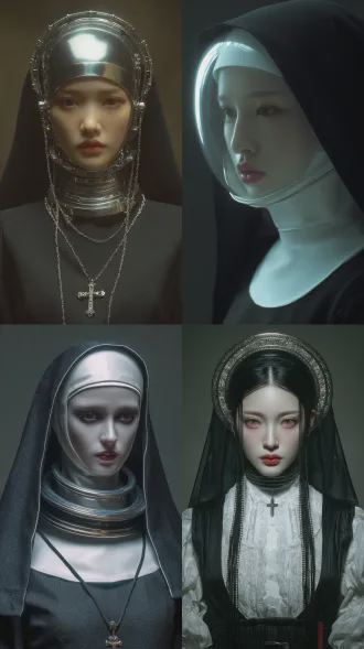 石矶金属玛丽鬼母幽灵 职业赛博护颈 纯色环境 现实拟真级照片真实，经典，怀旧 动态正面平衡镜头拍摄，