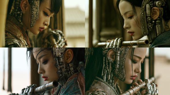 a strikingly beautiful chinese woman stands sideways by the window, her delicate features fresh and ethereal, her appearance so captivating it could topple a kingdom. with black hair and dark eyes, her nose was delicate and natural, her lips soft and tinged with a faint blush, and her facial features were restrained yet refined. a mechanical structure ran from her face to her ear. her eyes were filled with emotion yet suppressed; she looked down at the old bamboo flute in her hands, as if holding back a farewell she could not voice. she holds the flute with a silver mechanical prosthetic hand; the mechanical structure is remarkably restrained, as if adapted from ancient chinese mechanical devices—fine metal joints, traces of aged silver oxidation, rivets, and mortise-and-tenon joints combined with silver metal, cloud-pattern engravings, and the roof of an inn in the desert. the foreground features an indoor pavilion, a mid-ground of a pavilion window sill, and a distant view of an endless desert. the aesthetic evokes tsui hark’s wuxia films, with john woo-style eastern composition, 1990s hong kong film filters, hong kong-style tv commercials, faded film tones, sandy yellow hues, 35mm film grain, slight defocusing and softened edges, and subtle motion blur. vintage lens flare, strong backlighting and side-backlighting, slight chromatic aberration, lens imperfections, faded film, a smoky atmosphere, three-dimensional lighting, intense backlighting, weathered metal textures, realistic fabric textures, high detail, movie trailer visuals, dramatic composition, low-saturation warm ochre tones, localized bluish-green shadows, smoke, dust, heat haze, and floating particles in the air; images with a rough texture, vintage aesthetic, and a handcrafted set-like feel; carefully composed negative space; poetic, somber, and intensely gritty atmosphere. intense dramatic lighting and shadows, film grain, 35mm film stills, slight soft focus, blurred edges, vintage lens flare, subtle chromatic aberration, lens imperfections, a high-end cinematic feel, high-definition facial features, clear facial details, and restrained emotional close-ups,