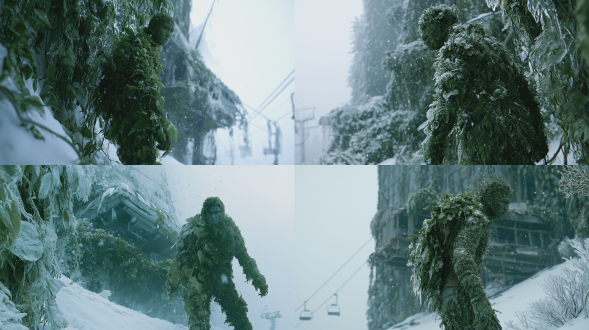at the snow line where green末日 freezes into white, tropical vines frozen mid-climb up a skyscraper, their leaves encased in ice like glass sculptures, a vine-formed humanoid figure stands in the snow, half its body frozen in ice crystals half still living green vine, its silhouette against the white mountain, snowflakes settling on green leaves that refuse to die, a collapsed ski lift station behind it consumed by both moss and frost :: cold diffuse overcast light, the white of snow and the green of vine the only colors in a monochrome world :: tsui hark wuxia meets king hu cinematic texture, desaturated cool tones, film atmosphere :: 1990s hong kong 35mm film grain, kodak 5219 500t, subtle vignette :: desaturated cyan-green tones frozen into icy mint, deep moss against pure white :: rough textured, poetic negative space, apocalyptic solitude