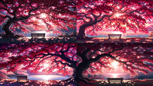 detailed pixel art, 16-bit retro game aesthetic, lo-fi anime background style. a giant tree with vibrant crimson and pink autumn leaves forming a canopy, intricate twisted branches. a lone wooden bench sitting on a cobblestone shore in the foreground. a calm lake reflecting the pink foliage. brilliant sunburst shining through the leaves, strong backlight, sparkling water surface, dappled sunlight and distinct sharp shadows on the ground. vivid colors, high saturation, dithering effect, nostalgic dreamy vibe, cinematic lighting