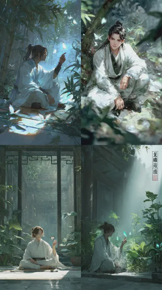 虚幻写实武侠风格，十六岁青年侠客身着白色长袍，面容俊朗轻松，盘腿坐于堆满古籍竹简的国风建筑室内，抬手，指尖停留一只蝴蝶，头发随风飘扬，窗口一缕丁达尔光线照入，电影级侧背光，全身镜头，全景，8k高清分辨率，动态模糊，光线粒子效果，细节锐利，氛围宁静神秘，色彩柔和雅致，广角镜头。
