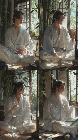 虚幻写实武侠风格，十六岁青年侠客身着白色长袍，盘坐于堆满古籍竹简的中式室内，面容俊朗神情轻松，抬手间指尖停留蝴蝶，头发随风飘扬，窗口射入一缕丁达尔光线，全身镜头，电影级侧背光，8k高清分辨率，动态模糊，细节锐利，全景，光线粒子效果，柔焦背景，国风建筑室内，宁静氛围。