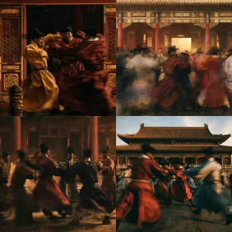 古代户部官员朝堂互殴，手肘互击，居中对称构图，金銮殿内，明制官服，怒目圆睁，冷金柔光，1:1画幅，中焦镜头，动态模糊，冲突感，朱红鎏金色调，荒诞戏谑。