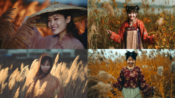 中国美少女双手拨开金黄色芦苇，甜美微笑，秋日暖阳透过芦苇洒在脸上，自然妆容，飘逸长发，身穿淡雅汉服，背景芦苇摇曳，金黄与橙红色调，柔焦效果，浅景深，逆光拍摄，自然光，温暖氛围，欢乐情绪，宁静田园风光。