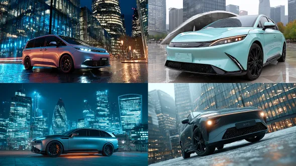 小鹏x9mpv汽车侧俯视停在广场停车位，金属车身反光，现代都市背景，高楼玻璃幕墙映衬，低角度广角镜头，冷色调，环境光与车灯补光，动态模糊路人，科技感线条，未来主义风格，简洁构图，空间纵深感，轻微鱼眼效果，高动态范围，精确细节