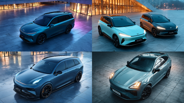 小鹏x9mpv汽车停在广场停车位，俯视角度，现代都市广场，简约线条建筑，傍晚蓝调时刻，车身反光，16-35mm广角镜头，低角度补光，金属质感，科技感，冷色调，空旷感，未来主义风格，对称构图，高动态范围，镜面抛光，城市灯光倒影，静谧氛围