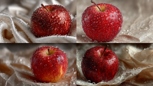 苹果放在纸上，侧俯视角度，极简构图，纯白背景，自然光，高光柔和，阴影细腻，纸张轻微褶皱，苹果鲜艳红色带水珠，浅景深，微距镜头，35mm焦距，静物摄影，清新风格，温暖色调，平静氛围