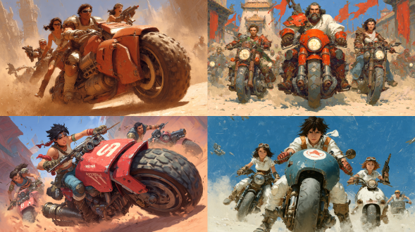 吕布骑重型摩托手持加特林，刘关张骑轻型摩托持冲锋枪围攻，战场硝烟弥漫，动态构图，金属质感，未来蒸汽朋克风格，广角镜头，高速快门，侧光，冷色调，紧张激烈，爆炸特效，机械细节，摩托尾焰，尘土飞扬，角色盔甲带有古代元素，吕布表情狂妄，刘关张神情坚毅。