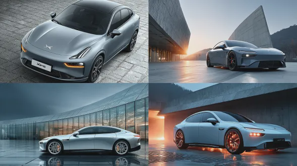 小鹏x9停在车位上，侧俯视角，地面纵横线条，现代科技感，简洁构图，银灰色车身，流线型设计，反光地面，冷色调，广角镜头，低角度光，对称布局，静止状态，金属质感，未来风，几何元素，沉稳氛围