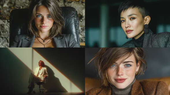 时尚美女全身照，坐在办公椅上，短发干练，身着剪裁利落的西装，表情自信从容，现代办公室背景，极简主义风格，环境人像，自然光，浅景深，正面拍摄，优雅姿态，中性色调，高级质感，专业氛围。