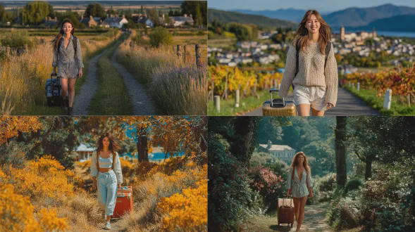 漂亮中国少女拖着行李箱走在乡村小路上，远景全身照，阳光明媚，绿树成荫，135mm镜头，浅景深，侧逆光，柔和阴影，明亮色调，高饱和度，微笑长发飘逸，简约休闲装，斜挎背包，行李箱轮子滚动，微风拂过，夏日气息，自然清新，宁静愉悦，青春活力，田园风光，温暖自然光。