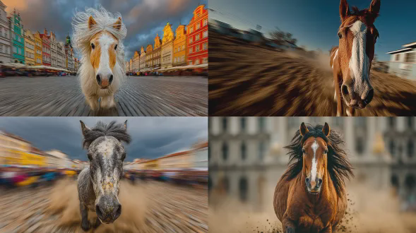 广场中奔跑的马，动态模糊，低角度拍摄，石板广场，黄昏时分，金色阳光，广角镜头，逆光，鬃毛飞扬，尘土四起，力量感，暖色调，史诗感。