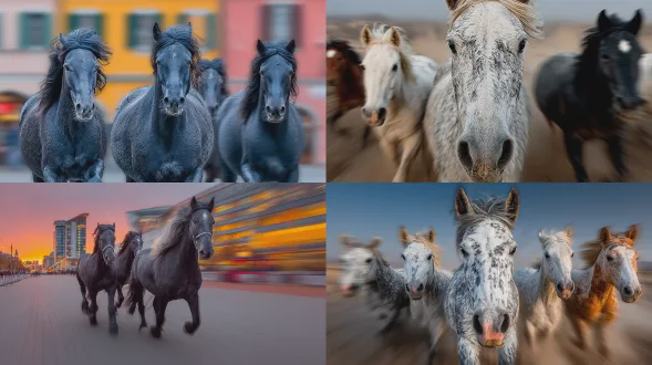 侧俯视广场上奔跑的骏马，鬃毛飞扬，肌肉紧绷，充满动感，写实风格，广角镜头，低角度拍摄，强烈动态模糊，黄昏光线，金色暖色调，尘土飞扬，速度感，力量与自由，史诗感。