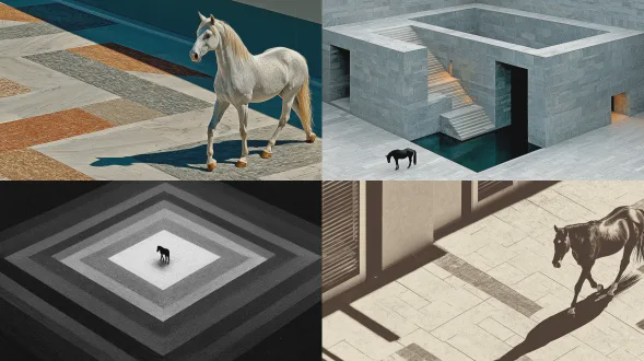 广场俯视一匹马，几何构图，现代广场，极简主义，大理石地面，冷色调，长焦镜头，顶光，静态，孤寂感，干净线条，低饱和度，高级灰。
