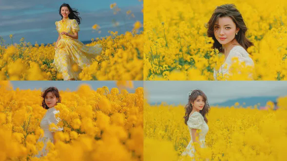 漂亮中国少女在油菜花田中穿白色连衣裙，大光圈虚化背景，蓝天白云，中心构图，飘逸长发，甜美微笑，自然光，浅景深，柔焦效果，清新色调，春日氛围，轻盈动作，花海环绕，阳光明媚，温暖情感。