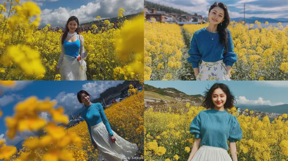 漂亮中国少女在油菜花田前，穿着蓝色上衣白色裙子，微笑，大光圈虚化背景，蓝天白云，对角线构图，自然光，柔焦，浅景深，广角镜头，生动色彩，春天，清新，喜悦。