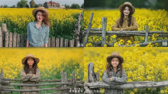 漂亮中国少女在油菜花田，站在木栅栏后，头戴草帽微笑，特写人像，黄金分割构图，油菜花田，浅景深，自然光，柔和阳光，逆光，发丝光，暖色调，柔美，宁静，愉悦。