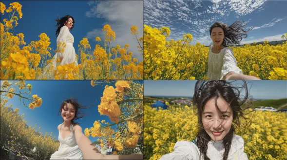 仰拍美丽中国少女在油菜花田中，大广角镜头，少女身穿白色连衣裙，面带灿烂笑容，黑发随风飘动，低角度构图，蓝天白云，金色花海，自然光，高饱和度，画面充满活力与快乐，广角镜头，阳光明媚，色彩鲜艳，积极情绪，广阔风景。