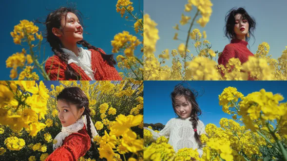 仰拍视角，中国少女穿红色毛衣，站在油菜花田中，微笑灿烂，阳光明媚，大广角镜头，对角线构图，背景虚化，侧逆光，高饱和度色彩，温暖快乐，动态抓拍，特写镜头，自然光，人像摄影，青春活力。