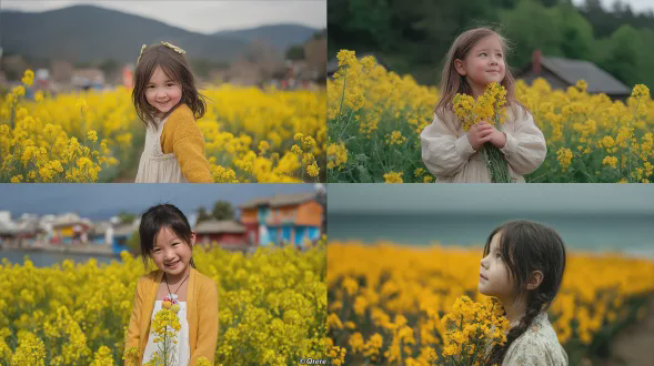 小女孩在油菜花丛中，侧脸微笑，身穿白色连衣裙，花海延伸至远方，浅景深，柔光，自然光，广角镜头，暖色调，甜美，宁静，青春，田园风光。