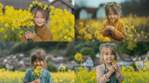 可爱小女孩在油菜花丛中手捧花朵微笑，背影虚化油菜花田与乡村房屋，温馨田园风格，浅景深，自然光，黄金时刻，柔和色调，中心构图，温暖情感，35mm镜头，写实摄影，细腻光影，活泼表情，花冠发饰，纯真笑容，乡村风光，宁静氛围，高分辨率，生动自然。