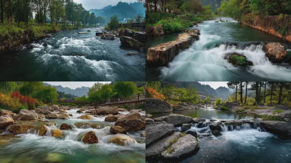 水流慢门效果，三分法构图，河流环境，冷色调，长焦镜头，长曝光，柔化，平静。