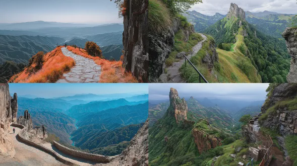 山峰中的栈道，s形构图，全景展示，自然环境，冷色调，长焦镜头，顶光，蜿蜒，壮观，震撼。