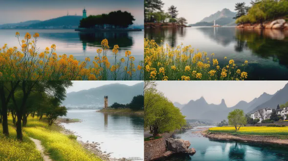 河滩油菜花，远处江面宝塔山脉，三分构图，低角度，暖黄主调，长焦镜头，侧逆光，平静氛围。