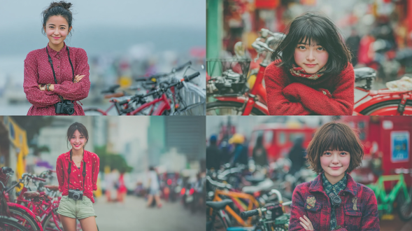 时尚亚洲少女倚靠单车，手握徕卡微单相机，自信微笑，城市街景，柔和自然光，浅景深，暖色调，35mm镜头，街拍风格，青春活力，胶片质感，动态平衡，简约穿搭，暖色系，轻松愉悦