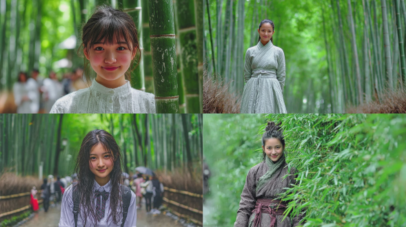 清纯中国美少女身着学生装，在静谧竹林中，阳光透过竹叶形成斑驳光影，温柔微笑，构图中心，自然清新风格，特写镜头，竹林深处，柔和自然光，微风吹拂发丝，青绿色调，宁静愉悦。