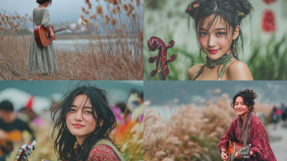 中国美少女特写，手拿吉他，背景是虚化芦苇丛，侧脸凝视镜头，浅笑，清新夏日连衣裙，柔美自然光，大光圈镜头，浅景深，金色芦苇，柔焦效果，温暖色调，宁静文艺氛围，青春洋溢