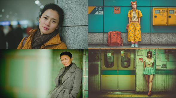 上海地铁站等车时尚美女，独自靠瓷砖水泥柱，三分构图，都市风，冷色调，长焦镜头，侧逆光，安静，时尚感。