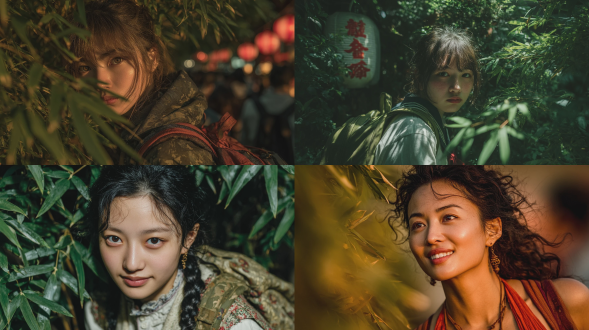 逆光中国少女学生，浅色夏装背书包，竹林中，长焦大光圈，长头发，光影投脸肩，暖色调，侧逆光，文艺氛围。